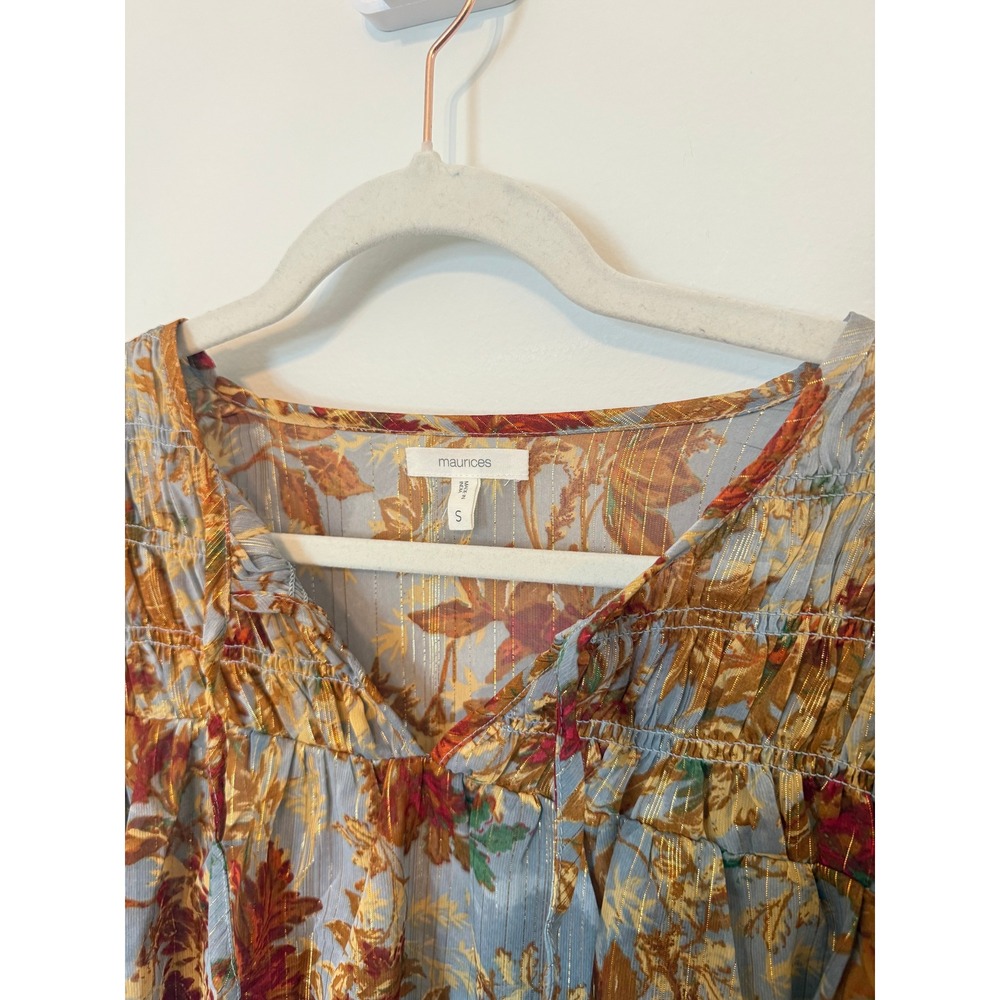 Maurices • Floral Metallic Blouson Peasant Blouse Top Orange Blue Small Boho - Picture 3 of 8